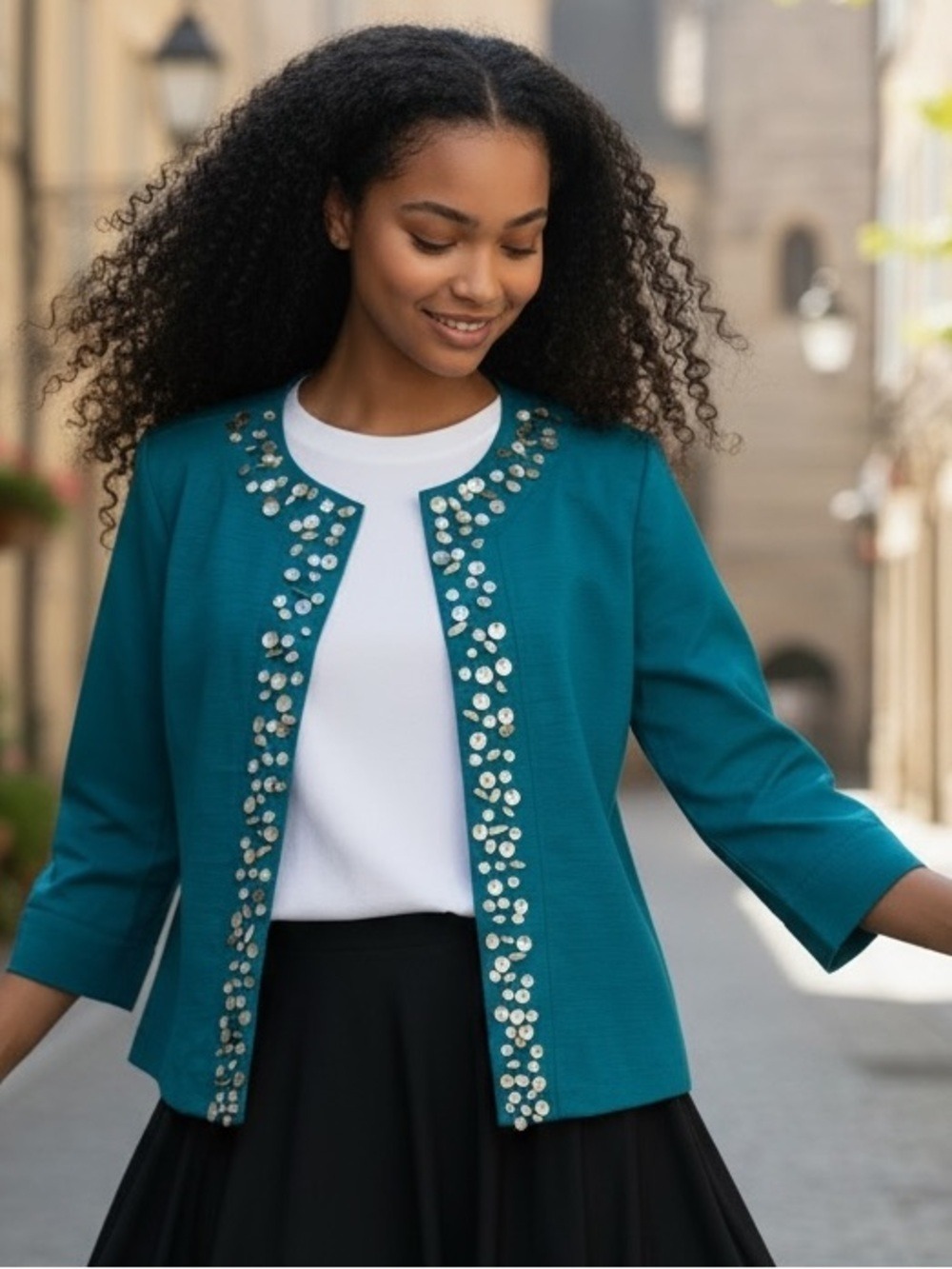 JONI B TEAL TEXTURED 3/4 SLEEVE RELAXED FIT JACKET MOTHER OF PEARL ACCENTS SZ M